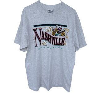 Vintage Nashville Tennessee Music City Graphic T Shirt Large Gray 2000 Y2K